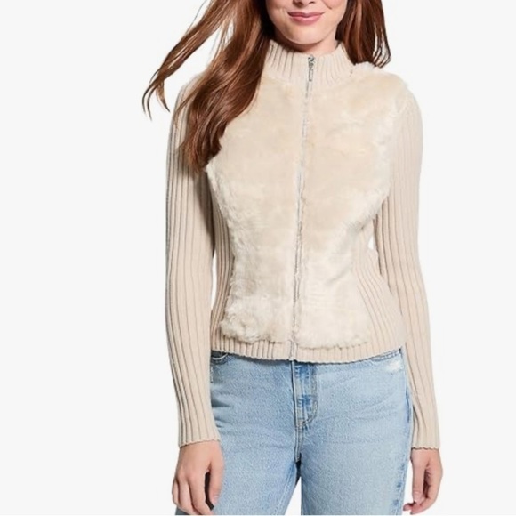 Guess Women's Long Sleeve Fur Mix Zip Front Mila Cardigan Pearl oyster - Picture 2 of 7